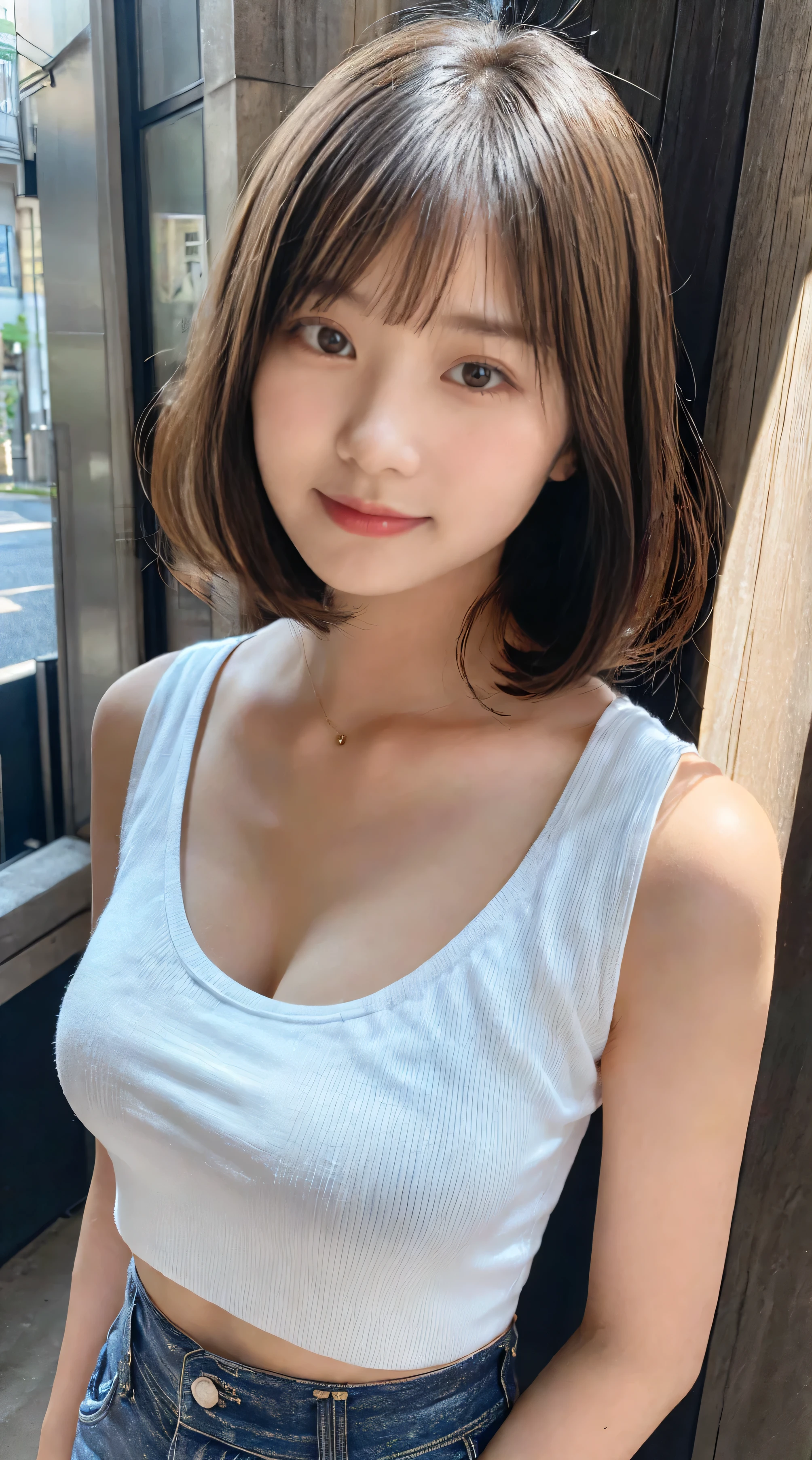 ((((masterpiece, highest quality, High resolution)))), Extremely detailed 8K, Beautiful girl with a voluptuous body, (Ultra HD, Super detailed, Very detailed, Very realistic, Ultra-realistic, Photo Real), (A Japanese  girl:1.5), (Realistic black hair), Short Wavy Hair, Bobcut, (Dynamic pose), To the camera, A light smile, Purple eyes, Average chest, (Beautifully detailed face, Beautiful fine details), (White tank top, Thin material), Cleavage, dark jean shorts, shine, Sweat, (Sunbeam, sunlight)