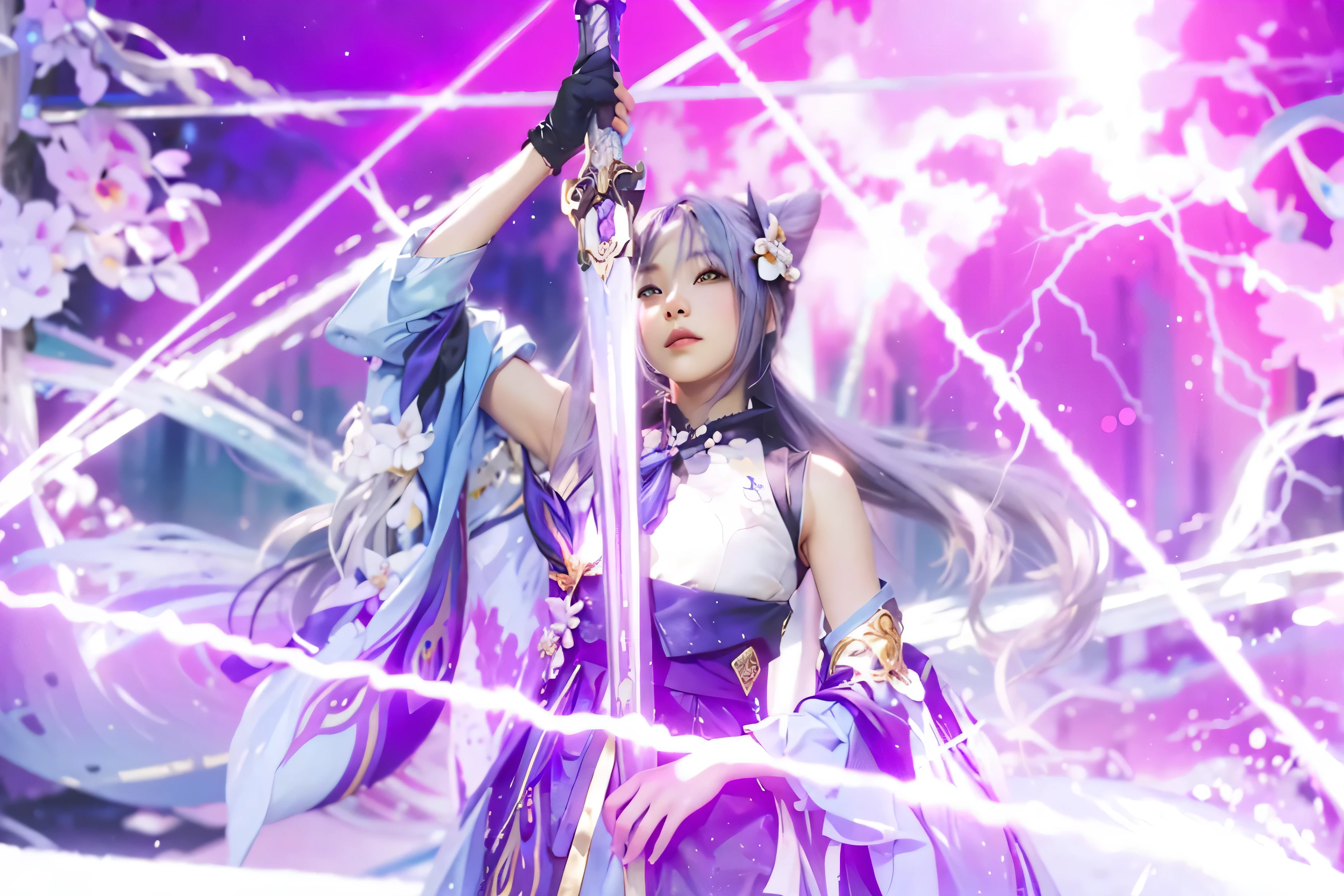 ((Genshin Impact)), ((Keqing)), ((Focus on the hips)), (black tights:1.2), traditional beauty, gorgeous chinese model, draped in purple and blue silk, with beautiful exoticism, purple hair, violet eyes, cat ears on top of head, By bicycle, soft fluffy soft landscape forest snowy avatar pastel pink sky green blue glitter ethereal light pastel pastel whimsical light rainbow stars diamonds sparkling gem background hyper realistic Ultra quality cinematic lighting Huge detail Full HD painting Well lit, from on the side, Masterpiece, Best Quality, Real Skin,(Portrait:1.5), 1girl, Long hair,（RAW photos，best qualtiy），（realisticlying，photograph realistic：1.3），best qualtiy，highly  detailed，tmasterpiece，Hyper-detailing，illustratio，1girll，The upper part of the body_Body，dynamic angle，Masterpiece Theatre of the World，Messy_Long_Hair，best qualtiy，extremely detailed CG unity 8k wal，ink，astounding，cinmatic lighting，lens_flare，Chinese style，Purple hair，strict，Purple thunderbolt,Holding a sword,((realistic, photorealistic)),(highlight hair)), Light reflection, (( HD )),((upper body)), (((best quality, masterpiece))), (masterpiece) (best quality) (detail) (8k) (HDR) (wallpaper) (cinematic lighting) (sharp focuasterpiece, best quality: 1.1), Real life adaption of this character,Handsome man , Shining green eyes, realistic outfit, realistic shadow, realistic light, realism, hyper realistic, realistic background,Realistic hair, realistic hair at the back,purple lightning,lightning triangle,