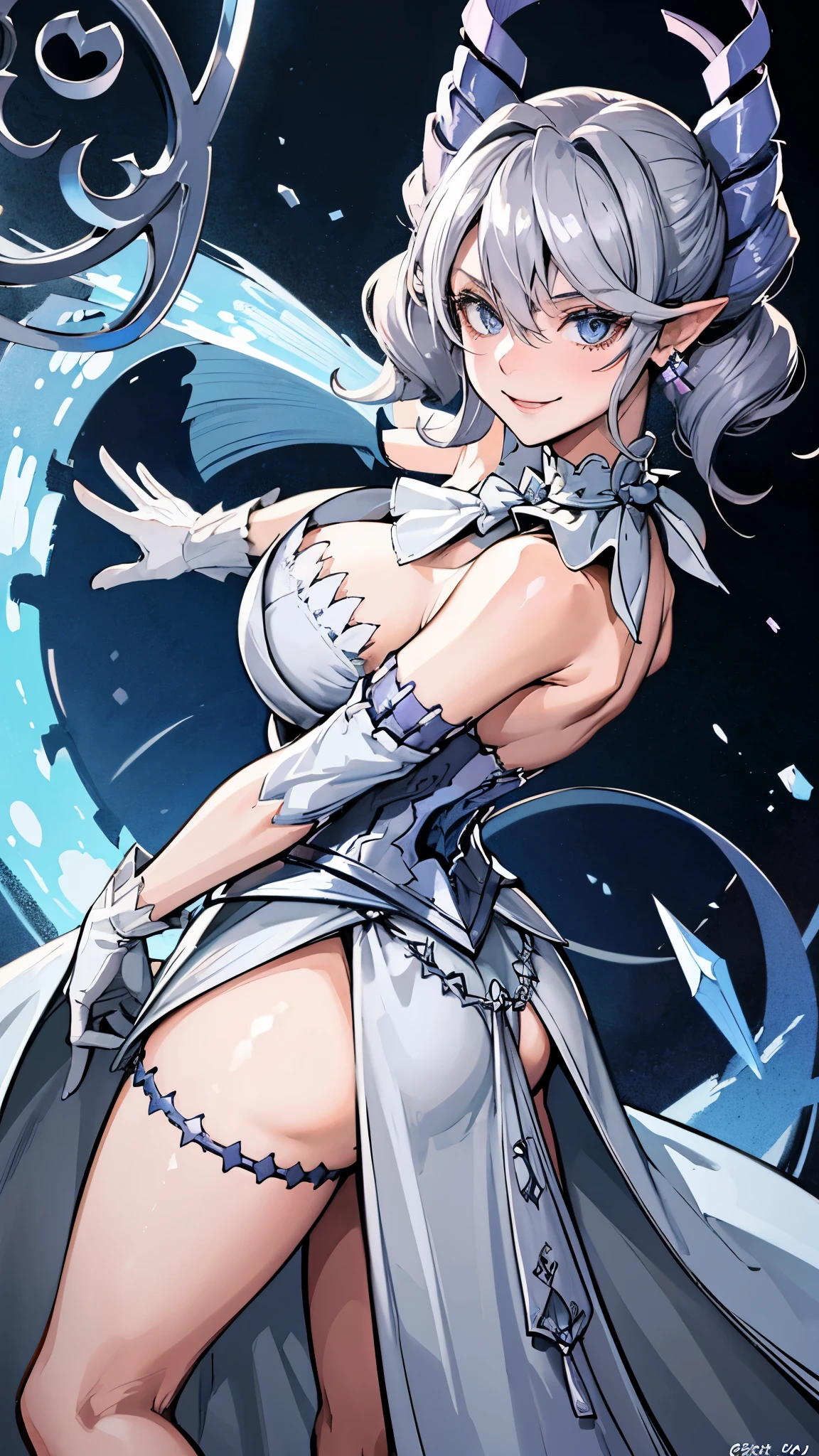High level image quality best image quality 8K adult woman whole body view portrait long gloves(elbow gloves) long dress(slit) ears short hair((shortcut)(gray hair)(perm)(fluffy)) eye color is blue attractive evil face , face detail , smile , sexy pose , labrynth , erotic styles , view all from behind side