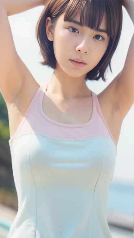 pretty, young, girl, short hair, brown hair, white skin, 15 year old, very big breasts,look put hands behind head, armpits, armpits visible, sweaty armpits, ocean, wearing pink tanktop