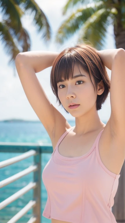 pretty, young, girl, short hair, brown hair, white skin, 15 year old, very big breasts,look put hands behind head, armpits, armpits visible, sweaty armpits, ocean, wearing pink tanktop