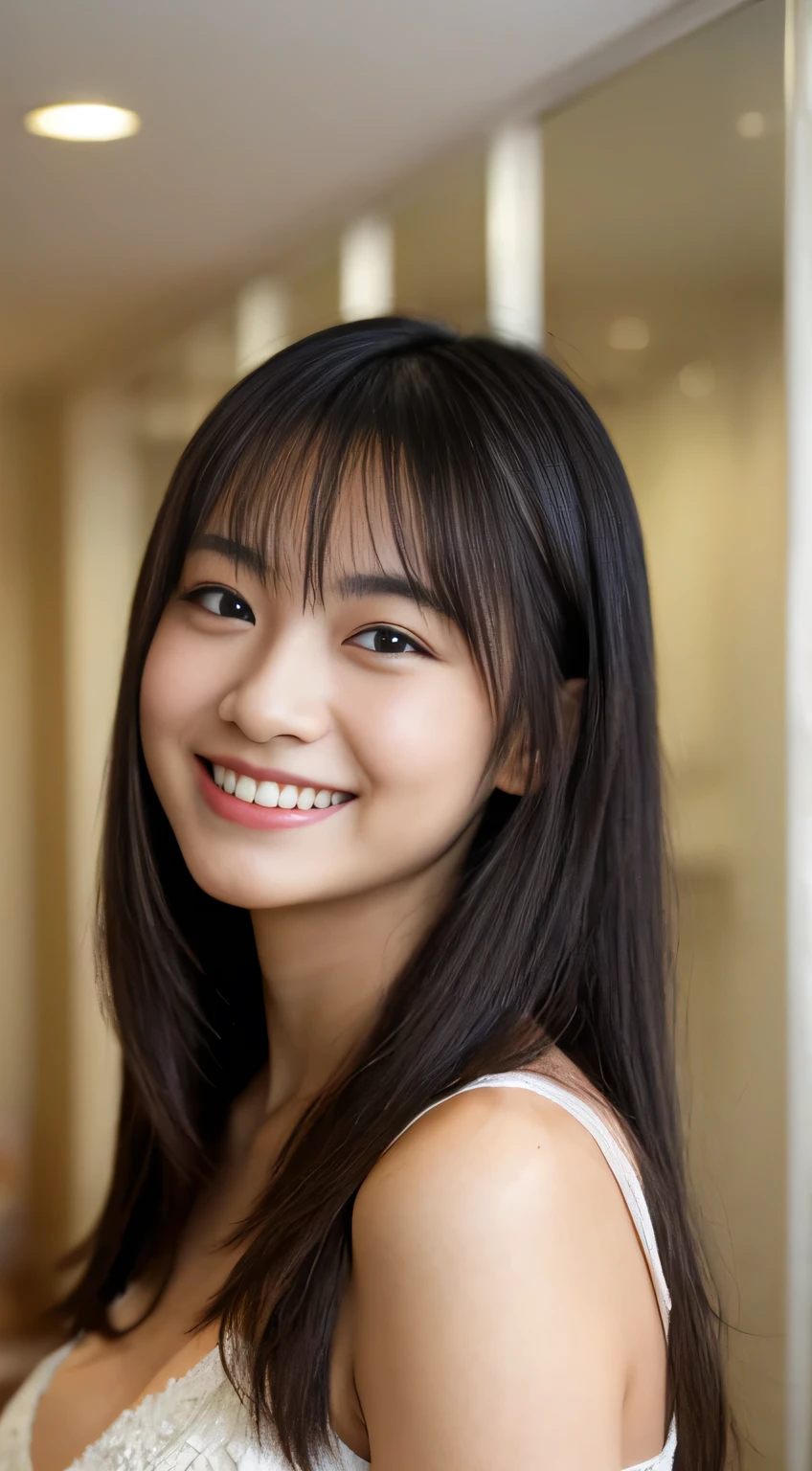 masterpiece,best quality,(Japanese ),((Beautiful girl)),cleavage,indoor,(perfect body beauty:1.2),(shy smile),beautiful teeth,