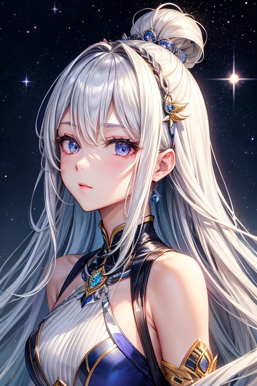 Hairstyle with all hair swept back、Silver hair back、male、Her hair is shoulder-length、Strange Eyealeの左目赤色、male右目青、Increase the wide angle、Clear Eyes、Glittering costumes、Fancy hair accessories、Looking up at the night sky、
