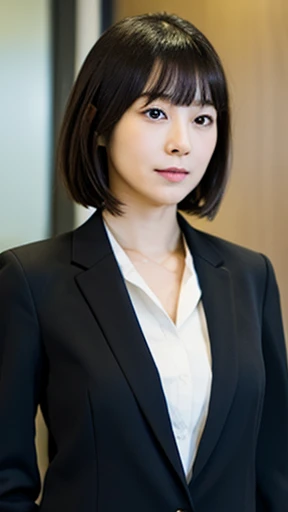 Japanese, OL, Beauty, A face like Nishino Nanase,Late 20s, In the office, Full body images, Black Suit, Perfect Face, Black Hair, Bob