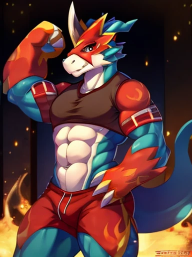 flamedramon, muscular, flexing, red flame gym shirt