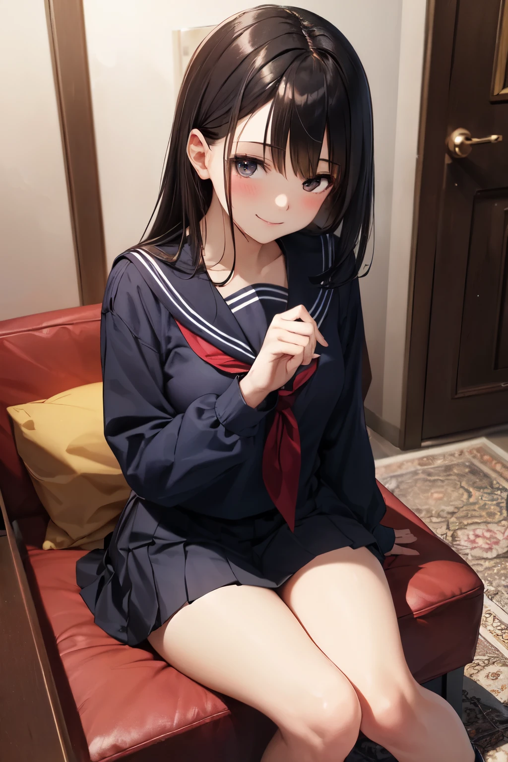 very cute and beautiful girl,(highly detailed beautiful face),
(smile),blush,looking at viewer,serafuku,pleated navy blue mini skirt,
black hair,sitting on sofa near elevator hall of small hostel,bag on floor,
(best quality,masterpiece),absurdres,highres,ultra-detailed,extremely detailed,32k,8k resolution,
intricate details,cinematic scene,detailed background,solo,dynamic angle,(realistic),perfect hands,