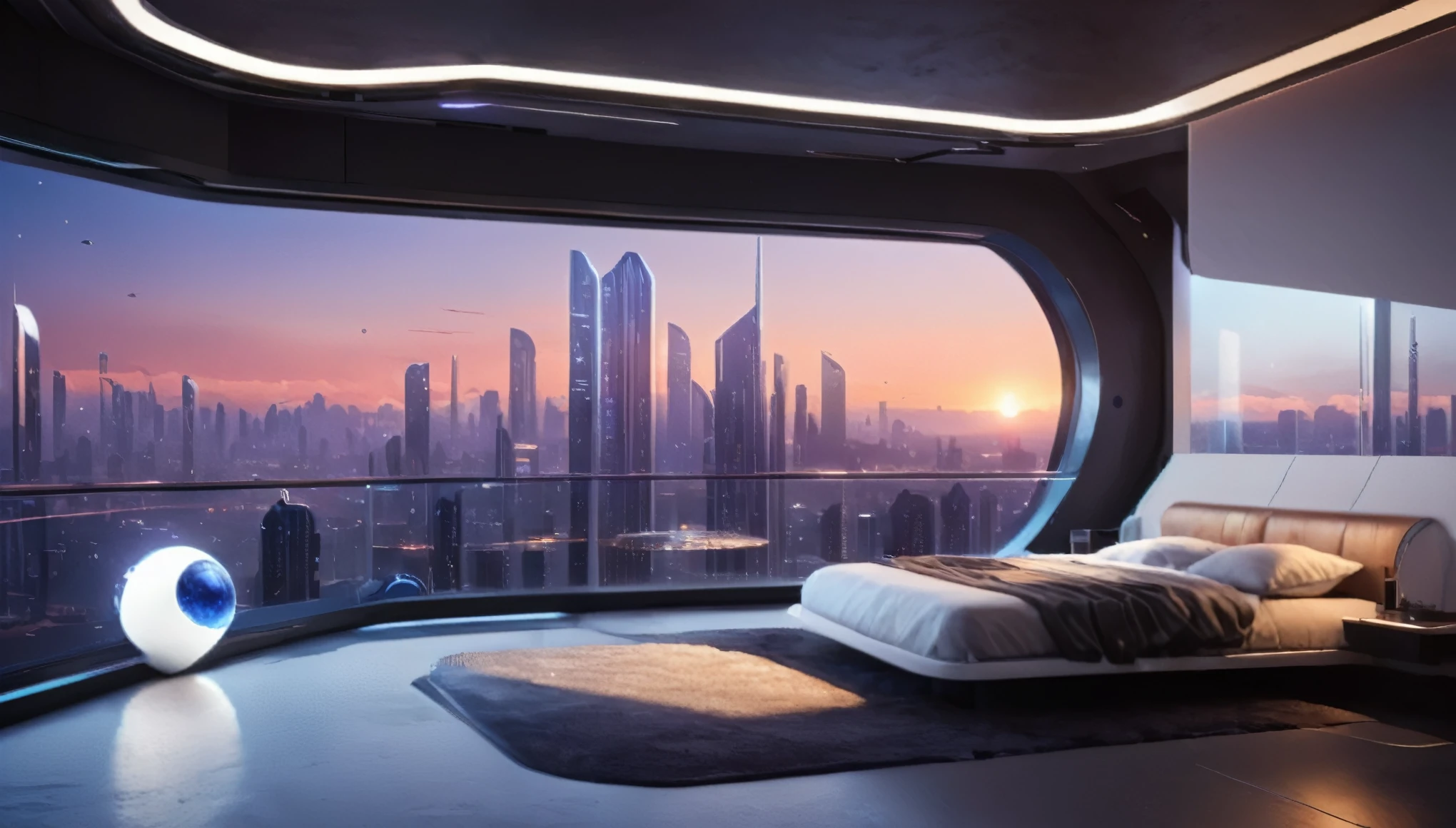 interior design of a sci high-tech bedroom with one glass wall looking out on a high tech highrise city,inside a penthouse, There is a hidden light strip under the levitating bed, desk and outside windows ,a highly realistic alien planet,one glass wall looking out on a high tech highrise city, minimalistic interior design, white walls and floor, unreal engine, desert, twin small moons, sunset, A fantasy concept art of, high tech, futuristic,