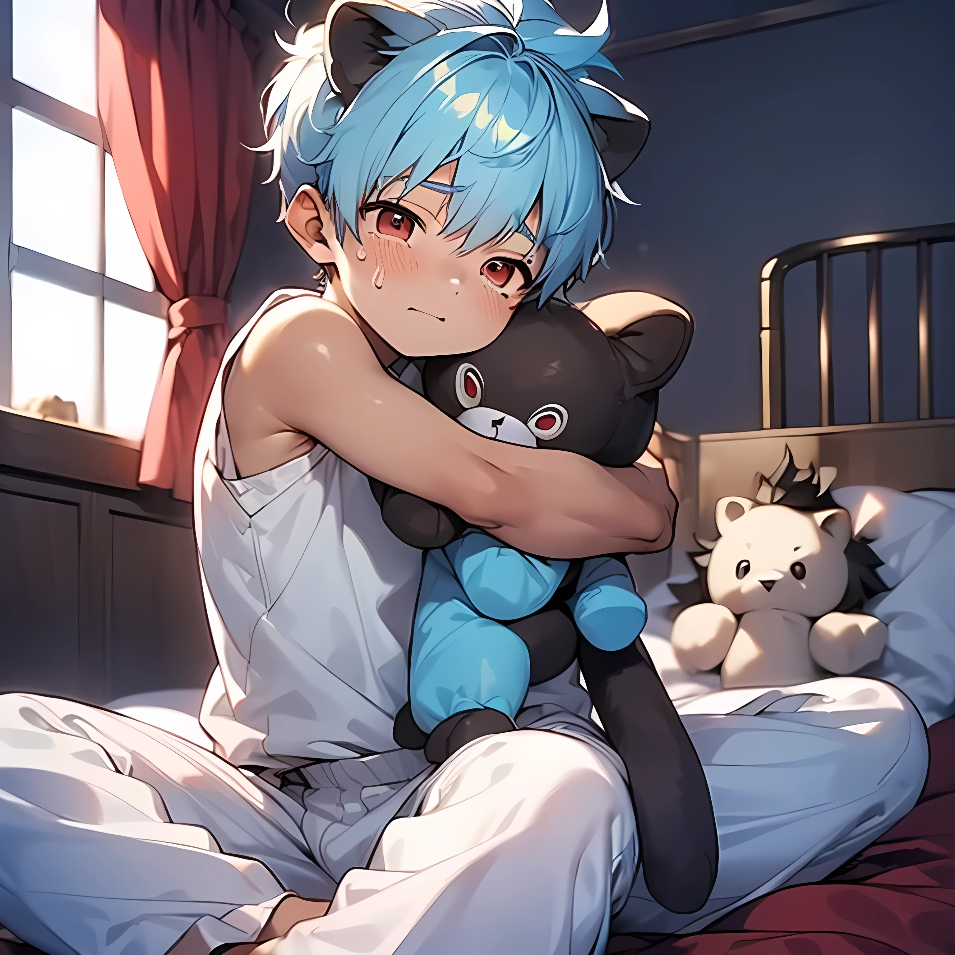 ( boy:1.8), (boldline:-1.6), (indian style sitting on bed:1.5), (raising one leg:1.5), (hugging stuffed toy:1.6), BREAK (cute lion stuffed toy:1.5), (best quality:1.5), (absolutely resolution:1.5), (ultra detailed:1.5), (masterpiece:1.5), (perfect face:1.5), (detailed face:1.5), (detailed eyes:1.5), (cute face), (shota:1.65), BREAK (white pajamas:1.5), BREAK (cute animal pattern:1.5), (bulge:1.5), (skinny:1.3), (spiked hair), BREAK (light blue hair:1.5), (wine red eyes:1.4), (half closed eyes:1.3), (eyes with high light), ((mole under eye)), (sweaty skin), BREAK (anguish:1.5), (crying), ((earrings)), (shiny skin:1.3), BREAK (bed room:1.8), BREAK (brown bed sheets:1.5), (large window:1.5), (at twilight:1.5), (((wind blowing))), (abs), from below, wide angle,
