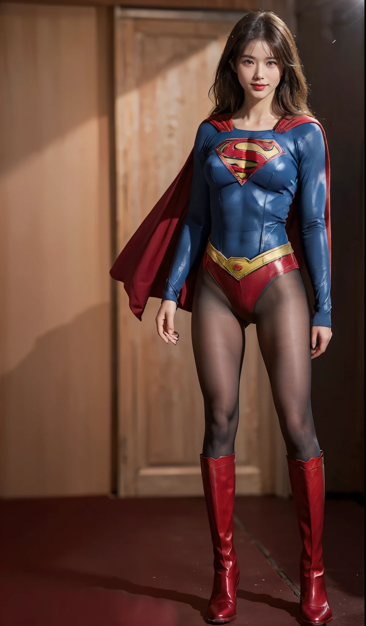 No background、(((Beautiful legs in black tights.)))、(((Legally express the beauty of your smile)))、((((Make the most of your original images)))、(((体にぴったりフィットするSupergirl Costume)))、(((Supergirl Costume)))、(((Beautiful hairstyle)))、(((She is winking cutely.)))、(((Please wear black tights....、Wear red boots)))、((Best image quality、8k))、((highest quality、8k、masterpiece:1.3))、(((Preserve background )))、Sharp focus:1.2、Beautiful woman with perfect figure:1.4、Slim Abs:1.2、Wet body:1.5、Highly detailed face and skin texture、8k