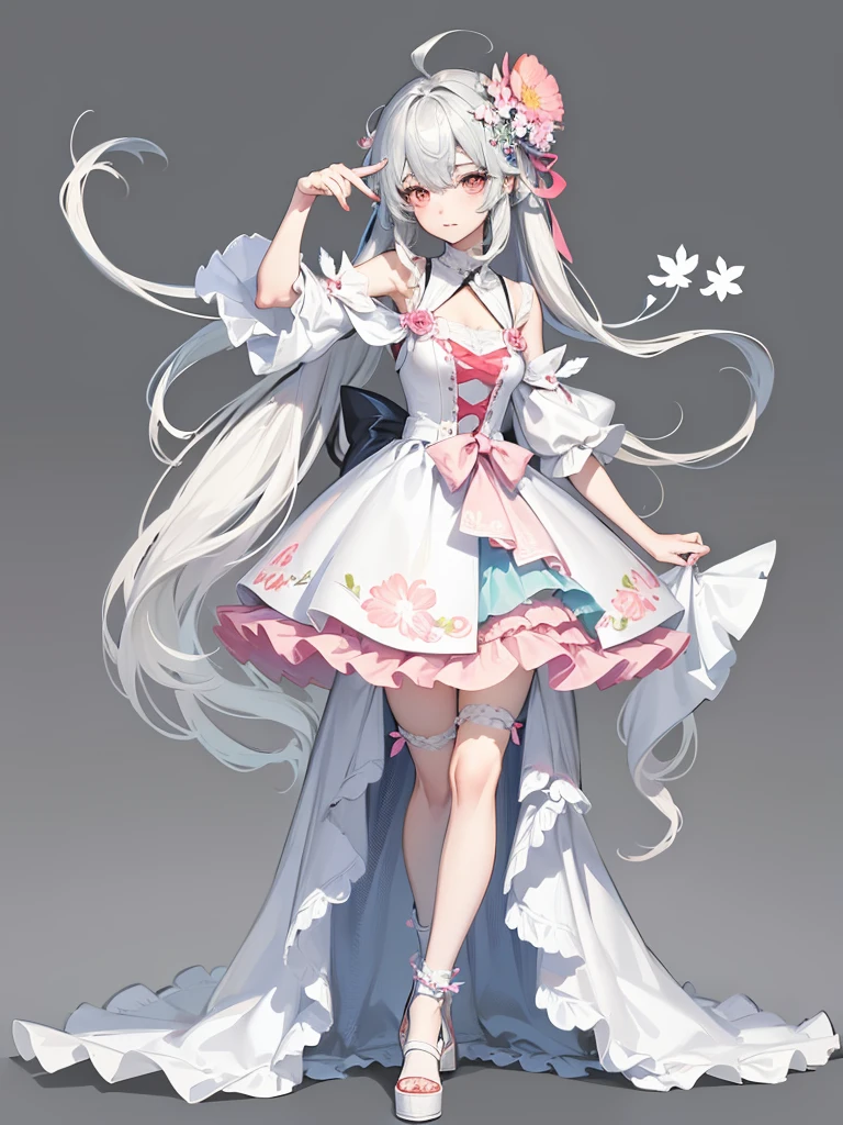 Attractive character design,Full body portrait,Harakami Impact,((teens girl)), Group of three dresses with flowers, guweiz on artstation pixiv, guweiz on pixiv artstation, pretty anime character design, detailed full-body concept, Trending on ArtStation pixiv, highly detailed character design, beautiful full-body concept art, Cute anime waifu in a nice dress, outfit design, clear outfit design、fairy dress word dress