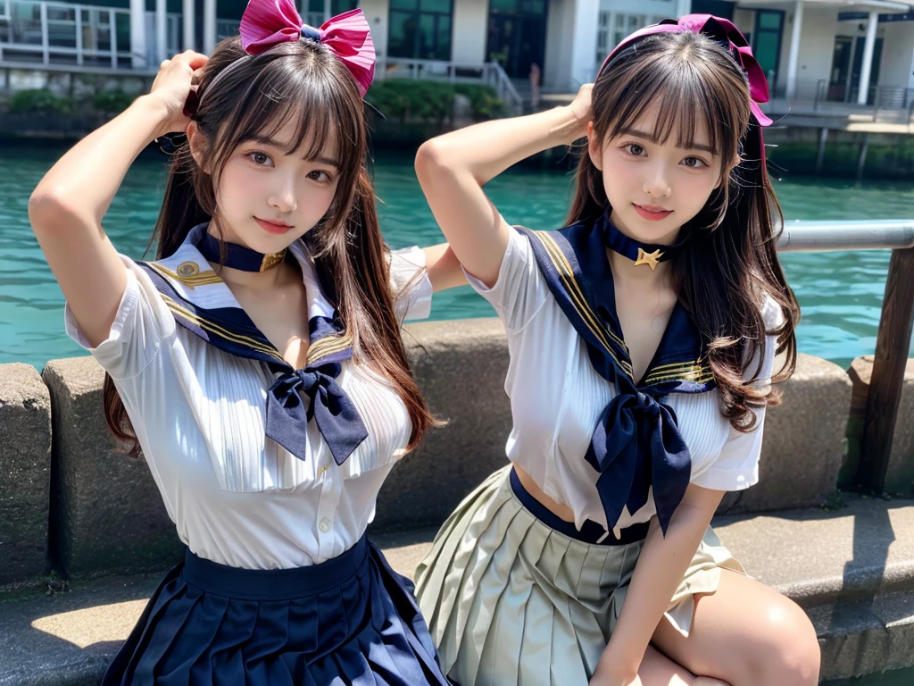 (((very heavy chest))),NSFW, 16k raw photos, highest quality, masterpiece, ultra high resolution, ((She is wearing Beautiful exposed redShe is wearing (a high school sailor uniform).
(navy sailor collar:1.4),(white shirt:1.4),(navy pleats skirt:1.4),(navy bow:1.4))).movie, ((2 girls, , 2 schoolgirls)),((attractive expression)),eyes shine、 looking at the viewer, natural skin texture very heavy chest))),((( metal black ribbon around the neck))).star handle mold、((yellow eyes)),Realistic eye and face details, lip whole, lipstick makeup), fluffy ponytail hair, laughter, Beautiful feet, tall woman, ((glowing skin)),((Beautiful armpit)), slim_feet, huge breasts, cleavage, beautiful natural places, beautiful flower garden、(detailed background,highly exposed, huge breasts, blurred background,, JK ribbon on the neck, jk ribbon, golden hair, bracelet, water, bangs, split your lips、armpit、beautiful hip line、glowing skin、(((eyes shine brightly))),lotion skin、High leg、((black hair)),highly exposed、Skimpy pink luxury fur coat、beautiful sea background、wind effect、
