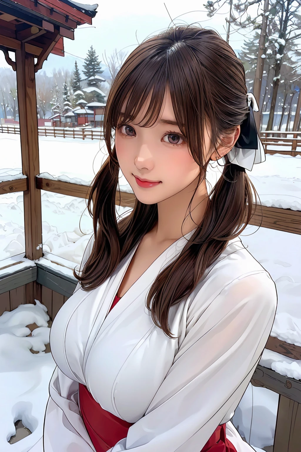 (SFW:1.5)、(masterpiece:1.3, highest quality, Ultra-high resolution, Very detailed), (Realistic, photoRealistic:1.4), Beautiful illustrations, Perfect lighting, Natural light, colorful, Written boundary depth, nfsw,
Looking at the audience, (Face Focus, Upper Body), 1 girl, Japanese, high school girl, Perfect Face, Symmetrical cute face, Shiny skin,
(Medium Hair:1.5, Low twin tails:1.7, Brown Hair), Asymmetrical bangs, Dark red eyes, (Big Breasts:1.4),
Beautiful Hair, Beautiful Face, Beautiful and beautiful eyes, Beautiful clavicle, Beautiful body, Beautiful breasts, Beautiful thighs, Beautiful feet, Beautiful fingers,
((shrine maiden clothes, Long sleeve, for a long time, Hair Ribbon、Undressing、Upper Bodyは裸、Nipples)), (Cute Smile, Upper Eye, Lips parted),
(Beautiful views), summer, dawn, (new year, First visit), (shrine), crowd, snow, snowfall:1.5, Frozen Weather, Frost, Are standing, walk,