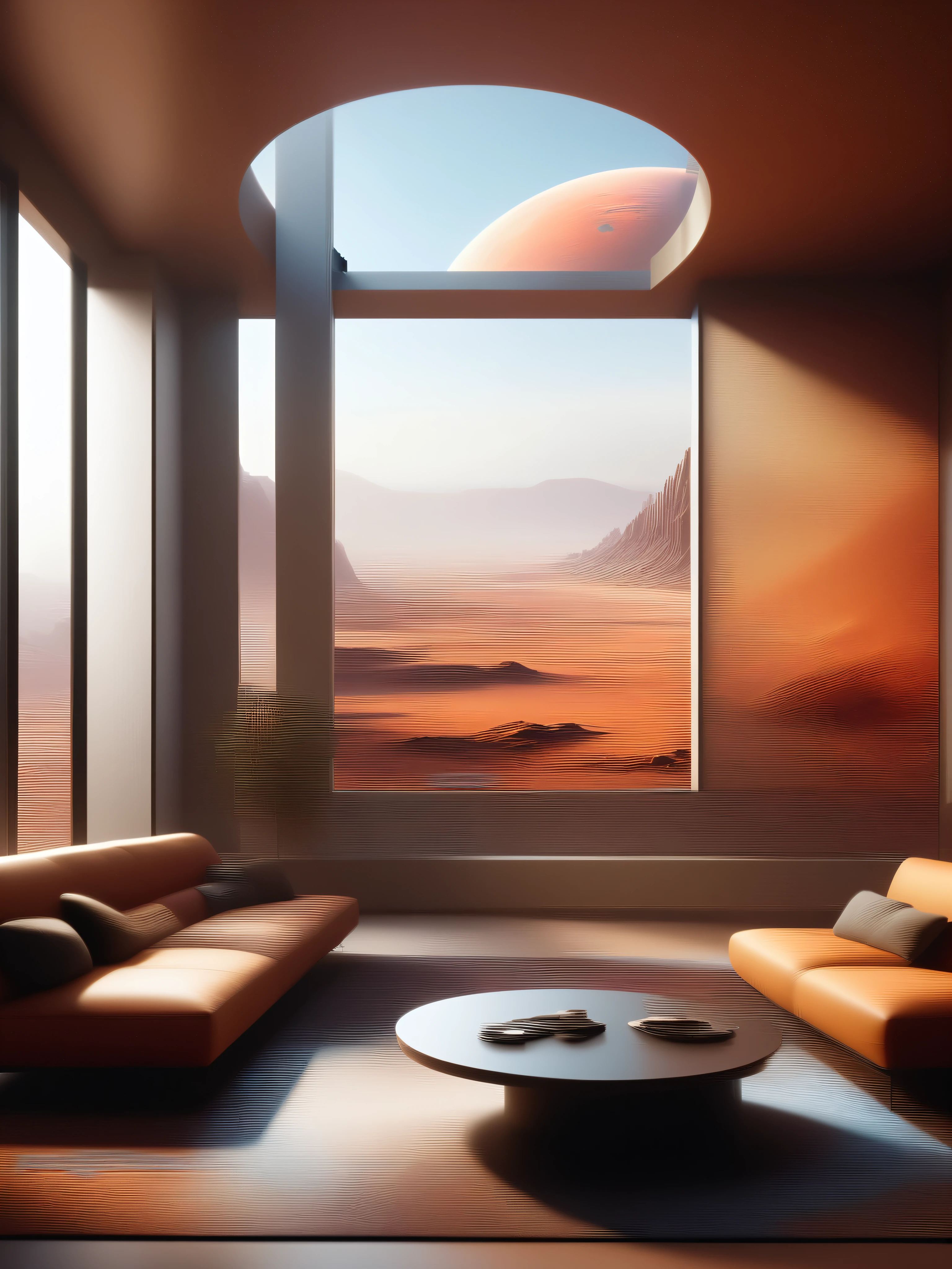 Modern living room with windows, External landscape of Mars, fantasy, The art of math, photo, Extremely detailed CG unity 8k wallpaper, High Detail, photorealistic painting art by midjourney and greg rutkowski, HD, Brian Ogan,
