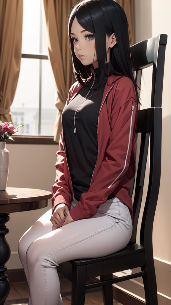 Una mujer de largo cabello negro sentada en una silla vestida con una camisa blanca y una falda negra.