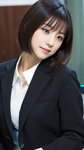 Japanese, OL, Beauty, A face like Nishino Nanase,Late 20s, In the office, Full body images, Black Suit, Perfect Face, Black Hair,