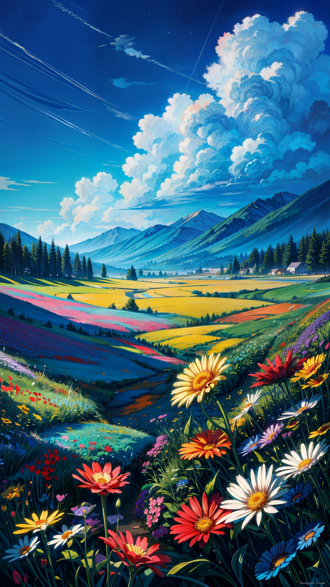 painting of a field full of colorful flowers under a blue sky, meadow background, blue flower field, field of flowers at night, field of fantasy flowers, field flowers, flowers background, field of flowers background, night sky full of flowers, field of mixed flowers, grass and flowers, an aesthetic field of flowers, field of flowers, meadow with flowers, field of wild flowers, 4k professional painting, game, detailed key anime art, illustation, a beautiful artwork illustration, beautiful digital painting, highly detailed digital painting, beautiful digital artwork, detailed painting 4 k, very detailed digital painting, rich picturesque colors, gorgeous digital painting