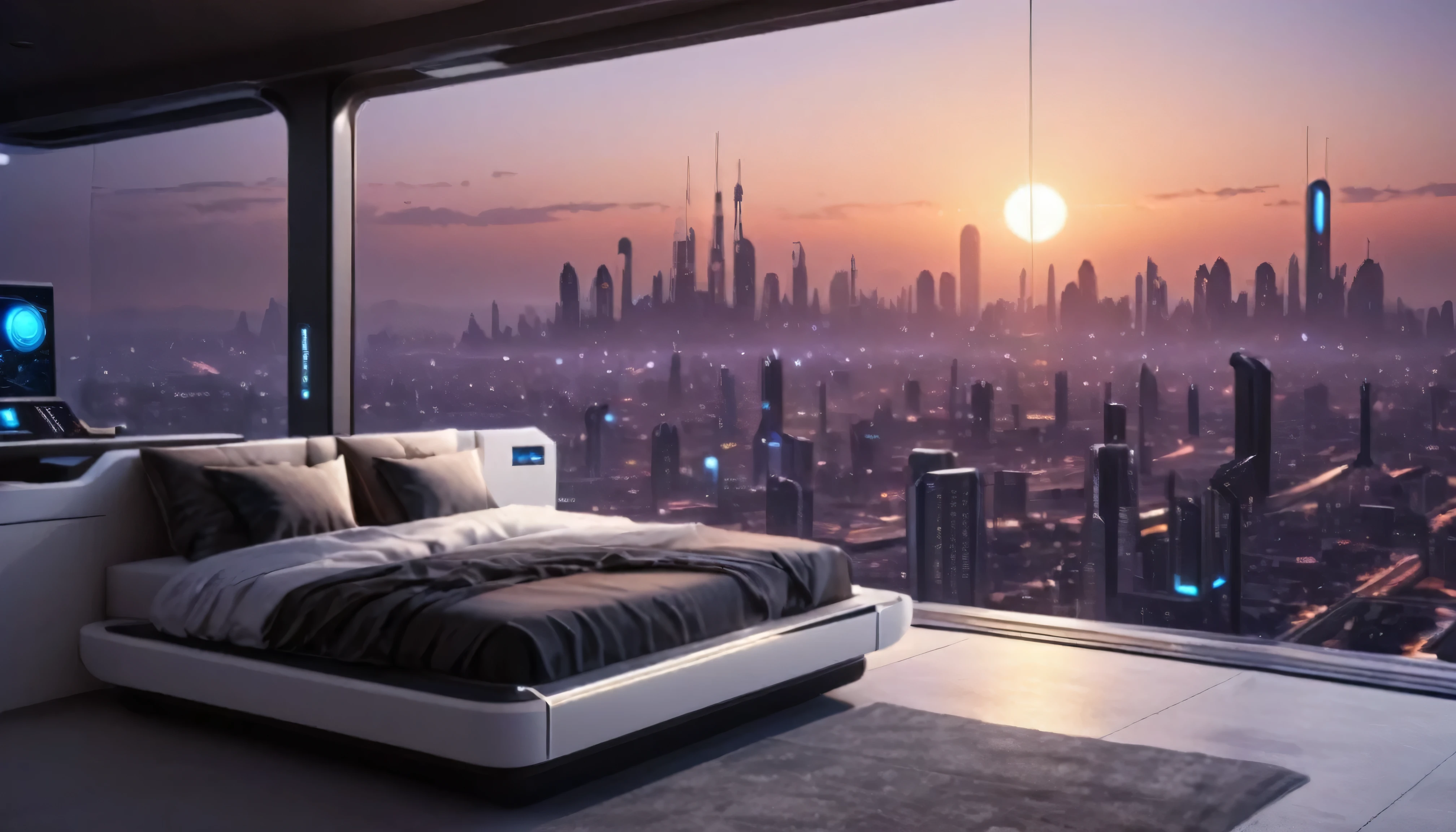 interior design of a sci high-tech bedroom with one glass wall looking out on a high tech highrise city,inside a penthouse, There is a hidden light strip under the levitating bed, desk and outside windows ,a highly realistic alien planet,one glass wall looking out on a high tech highrise city, minimalistic interior design, white walls and floor, unreal engine, desert, twin small moons, sunset, A fantasy concept art of, high tech, futuristic,