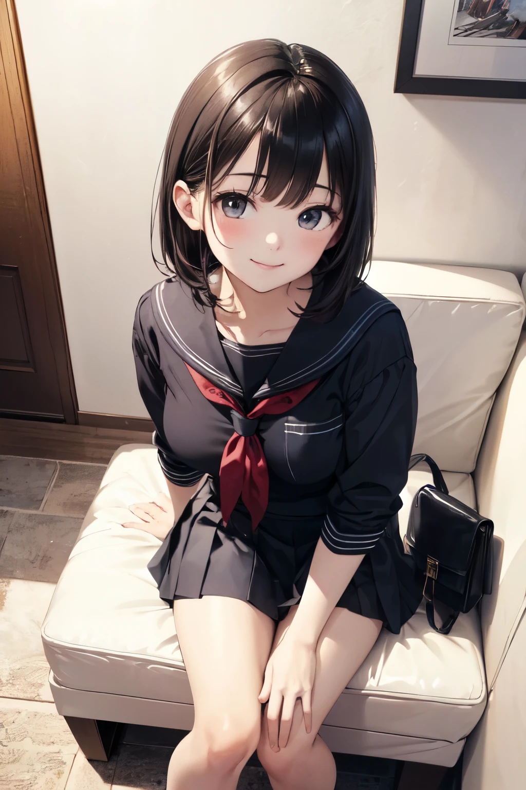 ((masterpiece,best quality)), highres, extremely detailed 8K wallpaper, depth_of_field, best shadow, (Colorful),(Delicate eyes and face), nice hand, Perfect hands, volumatic light, Ray tracing, BREAK
(1girl in), mogami \(kancolle\), black hair, short hair, black eyes / green eyes, swept bangs, small breasts, slender, skinny, open mouth, smile, blush, BREAK,
(wear white transparent school uniform top:1.3), (sailor collar:1.5), (red tie:1.3), (Parted clothes at the top and bottom:1.2), (short sleeves:1.1), (white string panty:1.3), (bare navel), (nipple:1.1), (under boob), (black lace stockings:1.2), High heels, BREAK,
Cowboy Shots, Looking at Viewer, stomach focus, bedroom, dildos on bed, night time, Ultra detailed backgrounds,