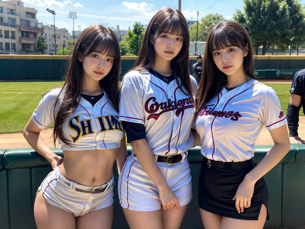 (RAW photo, 4k, masterpiece, high resolution, extremely complex) (realistic: 1.4), cinematic lighting
 ((2 girls)),Slam Dunk's,blushing,((innocent)),(Dark makeup),bright eyes,round eyes,blunt bangs,(straight hair:1.3),black hair,large breasts,wide hips,Summer Noon, 20 year old girl、cute type、lolita,Hot, (Best Quality), (Highres), (an Extremely Delicate and Beautiful),(Beautiful 8k face),(Brown eyes),short bob hair,( spectators),(gigantic breasts),(Play with each other,Touching each other's bodies,Touching the body),((Baseball Uniforms), a miniskirt, Toned buttocks),(reality),bright lighting,(The background is a luxury hotel room)