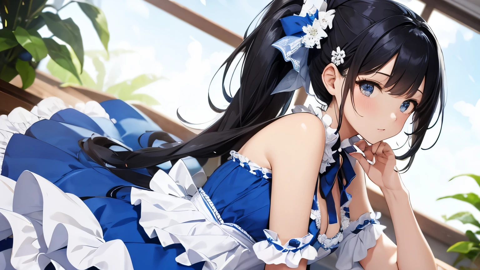 A beautiful woman wearing a blue and white sweet ta dress with lots of frills and lace Black hair ponytail with hair ornament Upper Body