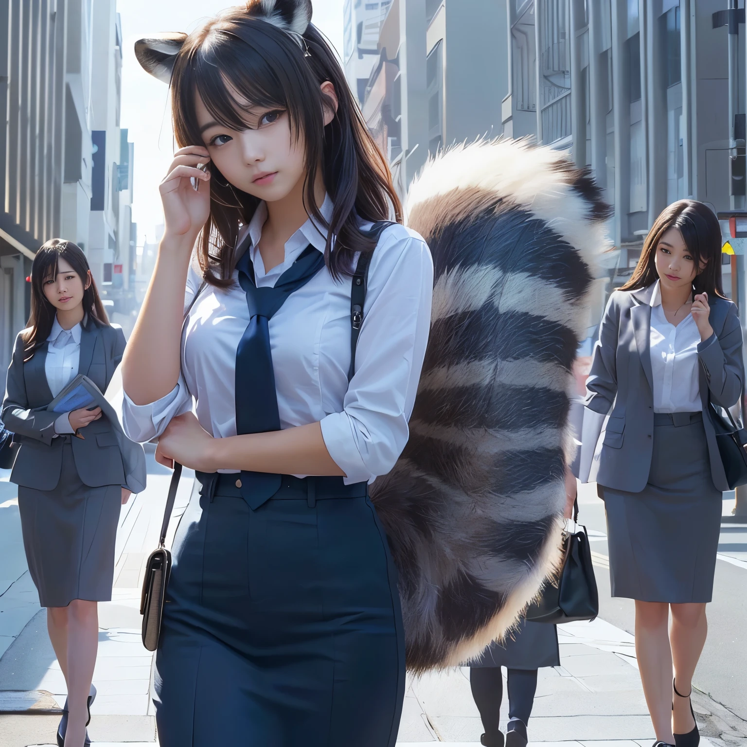 お尻にraccoonの尻尾があり、Girl in business suit, anthropomorphic raccoon, フォーマルな服を着たraccoon, (SFW) Safe at Work, SFW version, artstation pixivでトレンド, raccoon, Realistic art style, furry animal with a tail, everyone, Trending on cgstation, photograph, highest quality, Troubled face