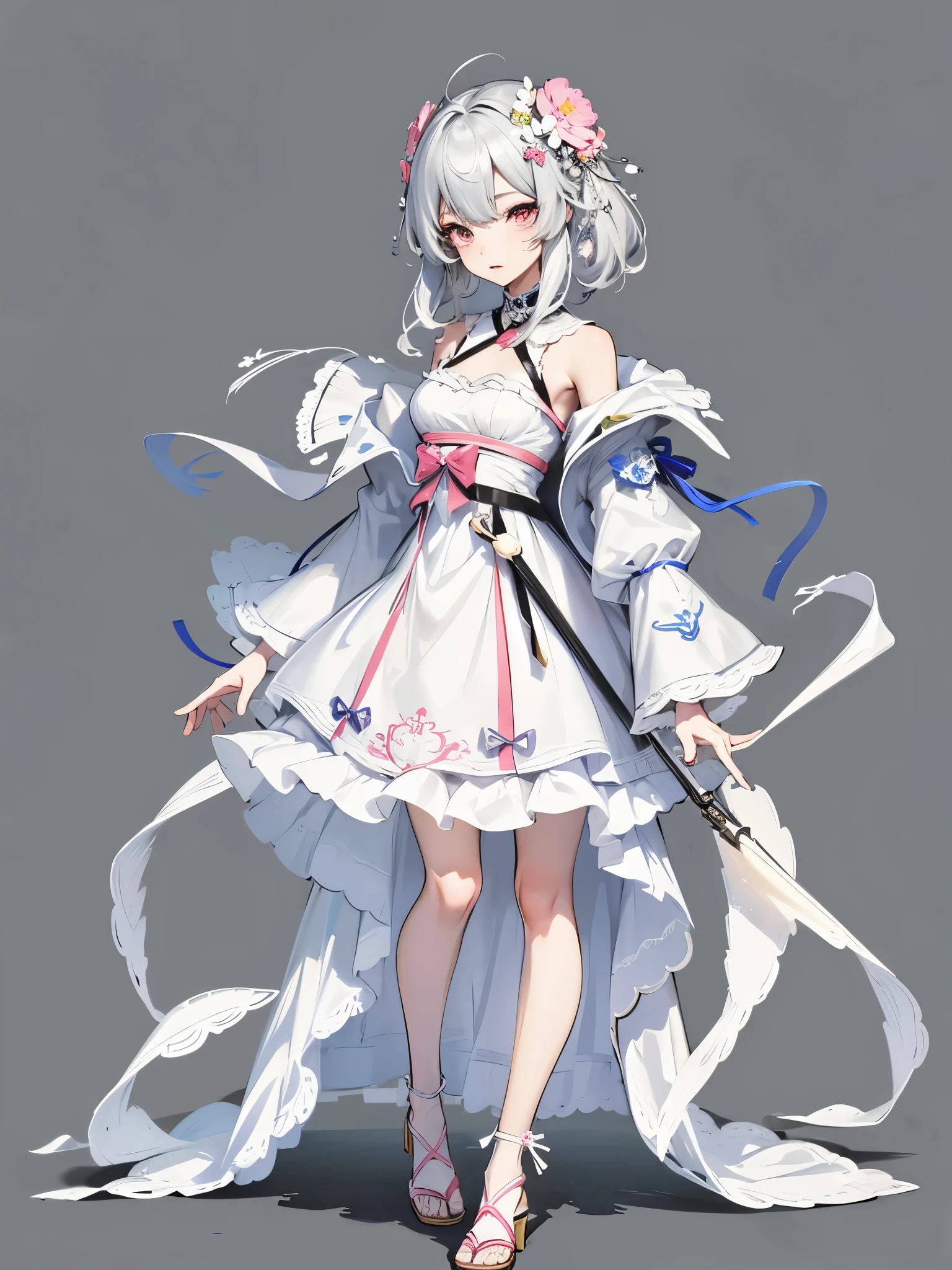 Attractive character design,Full body portrait,Harakami Impact,((teens girl)), Group of three dresses with flowers, guweiz on artstation pixiv, guweiz on pixiv artstation, pretty anime character design, detailed full-body concept, Trending on ArtStation pixiv, highly detailed character design, beautiful full-body concept art, Cute anime waifu in a nice dress, outfit design, clear outfit design、fairy dress word dress