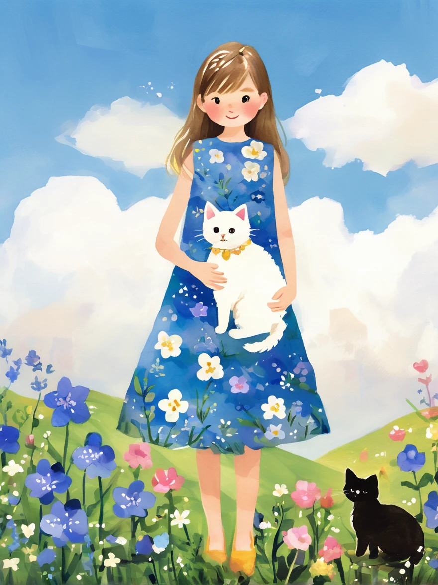 (Beautiful young girl wearing a beautiful dress made of blue flowers:1.5)，(Holding a cute kitten:1.5)，Beautiful landscape background，White Cloud，fantasy-realism，Fascinating，HDR，Highly detailed photorealistic digital art