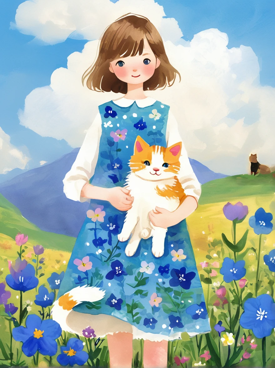 (Beautiful young girl wearing a beautiful dress made of blue flowers:1.5),(Holding a cute kitten:1.5),Beautiful landscape background,White Cloud,fantasy-realism,Fascinating,HDR,Highly detailed photorealistic digital art