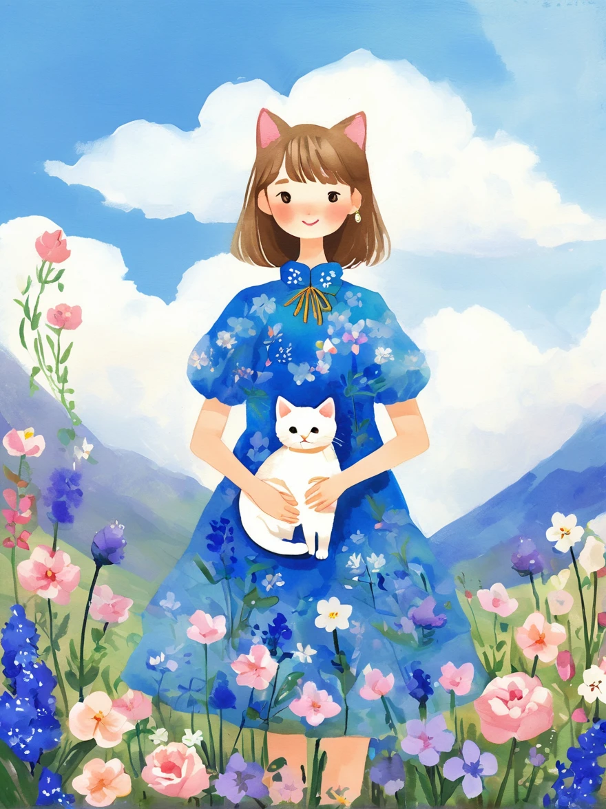 (Beautiful young girl wearing a beautiful dress made of blue flowers:1.5)，(Holding a cute kitten:1.5)，Beautiful landscape background，White Cloud，fantasy-realism，Fascinating，HDR，Highly detailed photorealistic digital art