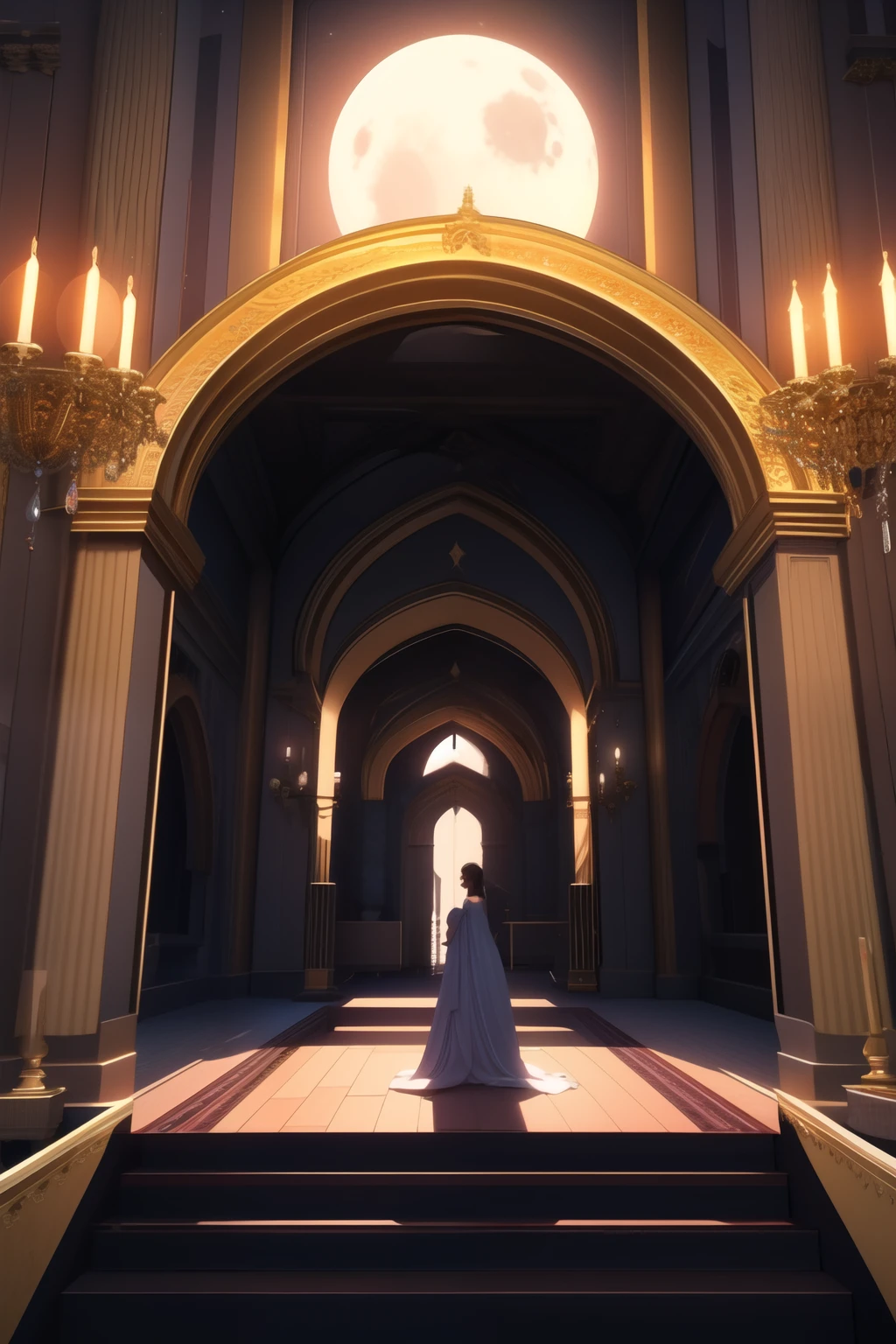 ((best quality)), ((masterpiece)), (detailed), 3d animation, personality: [A dark, starry night with a full moon illuminating a grand, ancient palace. The palace is ornate and imposing, with elaborate architecture and a magical ambiance. The soft, enchanted music playing adds a mystical atmosphere to the scene.] unreal engine, hyper real 
