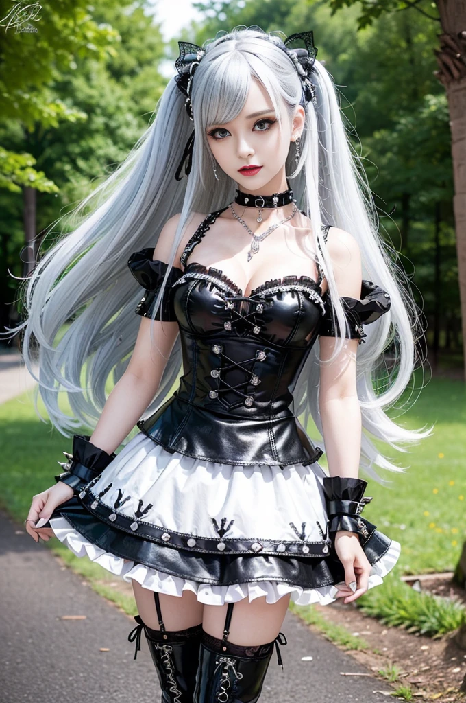sexy German female model, only 1 female, ((doll-like appearance)), long colorful stylish hair, ((shiny Punk-Style boots)), (big smile), ultra detailed eyes, Punk makeup, lipgloss, ((sexy Punk Lolita cosplay)), unconventional skirt, petticoats, high neckline, ((ultra detailed lace)), ((ultra detailed embroidery)), intricate details, tartan patterns, (silver chains), (silver spikes), (safety pins), Punk Lolita accessoires, Punk Lolita choker, ((large sparkling Punk Lolita jewelry)), cinematic light, detailed large park background with trees