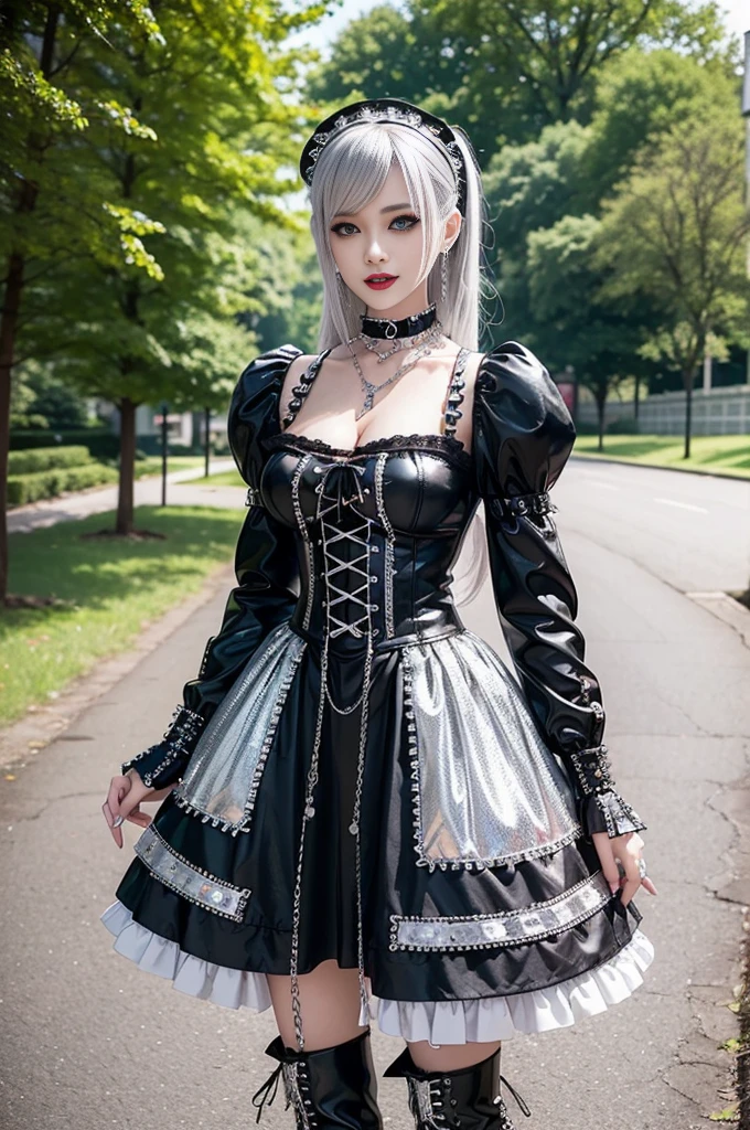 sexy German female model, only 1 female, ((doll-like appearance)), long colorful stylish hair, ((shiny Punk-Style boots)), (big smile), ultra detailed eyes, Punk makeup, lipgloss, ((sexy Punk ta cosplay)), unconventional skirt, petticoats, high neckline, ((ultra detailed lace)), ((ultra detailed embroidery)), intricate details, tartan patterns, (silver chains), (silver spikes), (safety pins), Punk Loliccessoires, Punk Lolita cr, ((large sparkling Punk Lolita jewel, cinematic light, detailed large park background with trees