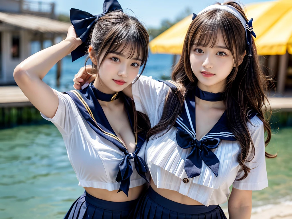(((very heavy chest))),NSFW, 16k raw photos, highest quality, masterpiece, ultra high resolution, ((She is wearing Beautiful exposed redShe is wearing (a high school sailor uniform).
(navy sailor collar:1.4),(white shirt:1.4),(navy pleats skirt:1.4),(navy bow:1.4))).movie, ((2 girls, , 2 schoolgirls)),((attractive expression)),eyes shine、 looking at the viewer, natural skin texture very heavy chest))),((( metal black ribbon around the neck))).star handle mold、((yellow eyes)),Realistic eye and face details, lip whole, lipstick makeup), fluffy ponytail hair, laughter, Beautiful feet, tall woman, ((glowing skin)),((Beautiful armpit)), slim_feet, huge breasts, cleavage, beautiful natural places, beautiful flower garden、(detailed background,highly exposed, huge breasts, blurred background,, JK ribbon on the neck, jk ribbon, golden hair, bracelet, water, bangs, split your lips、armpit、beautiful hip line、glowing skin、(((eyes shine brightly))),lotion skin、High leg、((black hair)),highly exposed、Skimpy pink luxury fur coat、beautiful sea background、wind effect、
