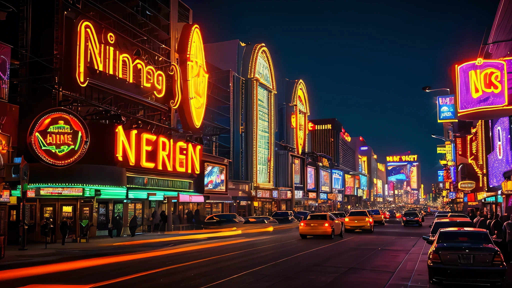 A stunning evening view of the Las Vegas neon district. The sunset casts a warm glow over the city as the neon lights of various entertainment venues and billboards start to shine. The busy streets are filled with people and cars, adding to the dynamic ambiance.