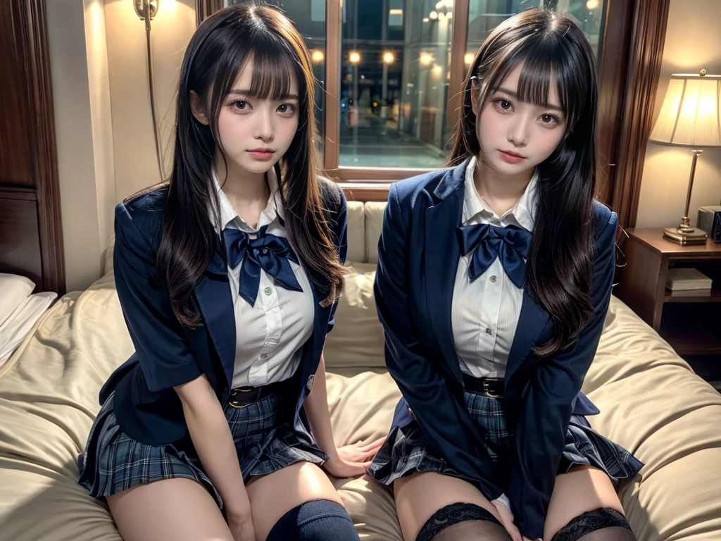 (8K, Raw photography, top-quality, masterpiece:1.2), master piece, best quality, illustration, Super detailed, fine details, High resolution, 8K,wall paper, perfect dynamic composition,(Details High quality, realistic depiction of eyes:1.3), ((2 girls, 2 schoolgirls)), The background is a luxury hotel room、High school girl uniform、blazer 、Super Short Check Uniform Skirt、Navy blue high socks、garterbelts、Colossal tits、Disturbed uniform, Play with each other,Touching each other's bodies,Touching the body of the girl next door, short bob hair, black hair color, huge breasts, Big Natural Color Lip, bold sexy pose, (perfect body shape), crying a little、cold gaze, Beautiful makeup,glitter makeup,Cutest 18 years old, beautiful legs, hposing Gravure Idol, Voluptuous thighs
