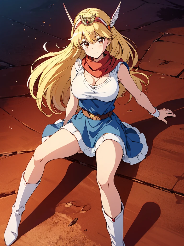 masterpiece,highest quality,8k anime quality,Official Style,Official Art,Anime Coloring Book,super high quality_Anime image quality, High resolution, 8k, wallpaper,Very detailed,Perfect Eyes,Perfect Face,(Beautiful Face:1.2),Glowing Skin,Focus on the chest, ((magic princess, Sleeveless blue dress,Blue mini skirt,hair band,Scapula,boots,Red scarf,tiara,WhiteShoes,)),1 girl, alone, Blonde Hair,Long Hair, Brown eyes, Large Breasts,(Large Breasts:1.4)、(I can see her panties, small, white), smile, Full Body Shot, Combat pose, (Spread your legs:1.5), (Forest Background,), Remove color noise,pantie shot
