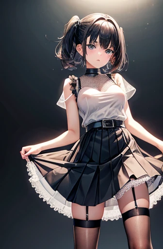 (Thick eyebrows)、(Thick eyebrows)、pretty girl、boyish、Shortcuts、(Petite)、(Baby Face)、Cute Face、Beautiful eyes、(Full Body Shot)、 (Big Breasts)、Thin fabric tank top、Super short skirt、Pleated Skirt、Skirt flip、Lace fabric pants、Black fishnet pantyhose、garter belt、Panties in full view、See-through nipples、Perfect Eyes、Well-balanced eyes、Dark Eyes、Standing posture、In town、Skirt tucked up、Shy personality、Skirt Lift、White panties