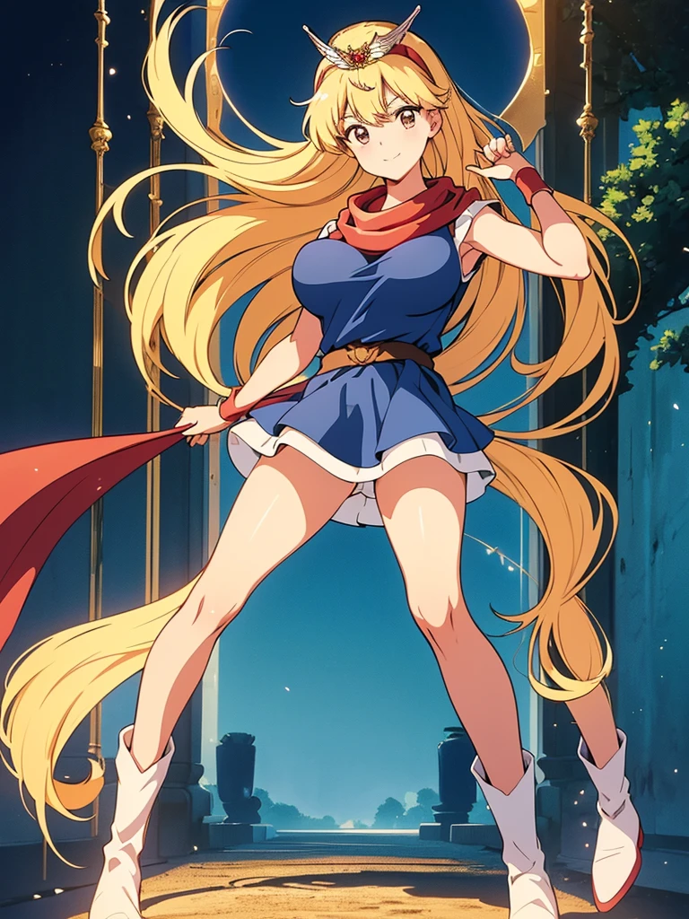masterpiece,highest quality,8k anime quality,Official Style,Official Art,Anime Coloring Book,super high quality＿Anime image quality, High resolution, 8k, wallpaper,Very detailed,Perfect Eyes,Perfect Face,(Beautiful Face:1.2),Glowing Skin,Focus on the chest, ((magic princess, Sleeveless blue dress,Blue mini skirt,hair band,Scapula,boots,Red scarf,tiara,WhiteShoes,)),1 girl, alone, Blonde Hair,Long Hair, Brown eyes, Large Breasts,(Large Breasts:1.4)、(I can see her panties, small, white), smile, Full Body Shot, Combat pose, (Spread your legs:1.5), (Forest Background,), Remove color noise,pantie shot