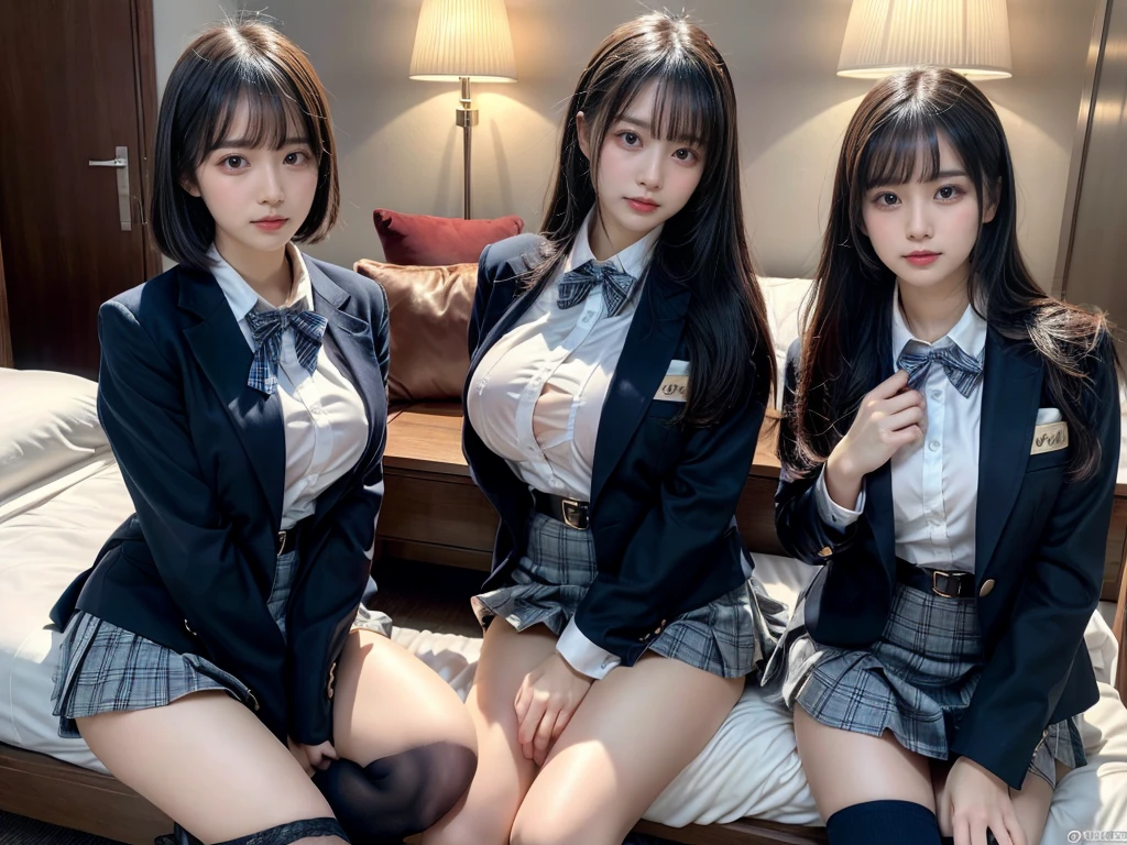 (8K, Raw photography, top-quality, masterpiece:1.2), master piece, best quality, illustration, Super detailed, fine details, High resolution, 8K,wall paper, perfect dynamic composition,(Details High quality, realistic depiction of eyes:1.3), ((2 girls, 2 schoolgirls)), The background is a luxury hotel room、High school girl uniform、blazer 、Super Short Check Uniform Skirt、Navy blue high socks、garterbelts、Colossal tits、Disturbed uniform, Play with each other,Touching each other's bodies,Touching the body of the girl next door, short bob hair, black hair color, huge breasts, Big Natural Color Lip, bold sexy pose, (perfect body shape), crying a little、cold gaze, Beautiful makeup,glitter makeup,Cutest 18 years old, beautiful legs, hposing Gravure Idol, Voluptuous thighs