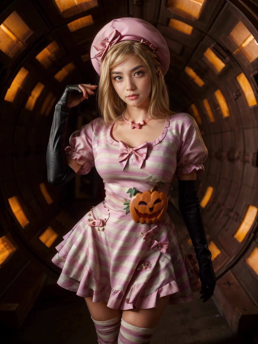 (1 lady), The beautiful, (Best quality at best:1.4), (ultra - detailed), (extremely detailed CG unified 16k), gold blonde hair, very detailed, High-definition RAW color photo, professional photoshooting, amazing face and eyes, cosmetics, (amazingly beautiful girl), ((lambdadelta, taller, tall woman)), ((dress, shoes bow, pink combat boots, striped stockings, red bow, necklace, gloves, pearl, pumpkin brooch, pink dress)), ((camo three tones pink hat, pink camo colorization for only the hat)), levitating in a cute posture (floating in the air), (She's levitating in a cosmic sea, outer space:1.3, quantum hyperspace room lacking walls, hyperspace chamber, extremely detailed background, a lot of details background, realistic background), (look from above), realistic cinematic face, head to feet long wide zoomed out view, full body long view, photorealistic, ((realistic natural blonde hair style, red eyes)), gorgeous, extremely beautiful face, perfect model beauty, pout mouth, Highly Detailed Face and Skin Texture, Detailed Eyes, Double Eyelids, Big Breasts, Persistent Stare, Faith Trance, (mystical stare, looking eternity), (masterpiece), best quality, high resolution, depth of field, cinematic lighting, amazing legs, clear and well-cared skin