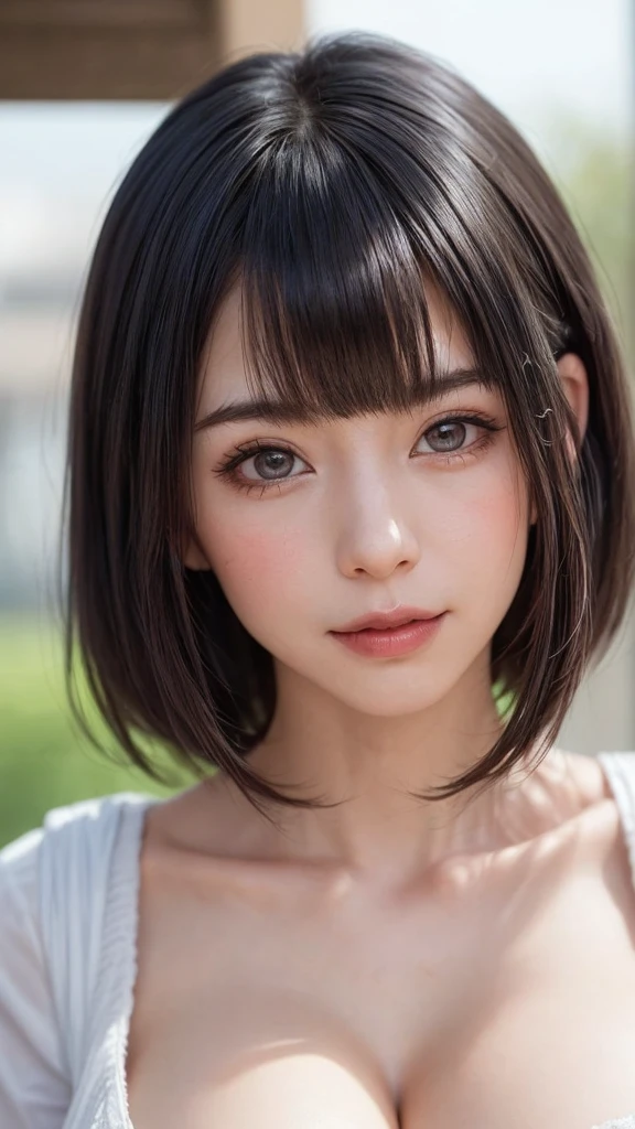 (SFW:1.8、masterpiece, highest quality),1 girl, alone, hyper Realistic, Realistic,Realistic, Looking at the audience, Bright blue-green eyes:1.4,Brunette Short Bob Hair with highly detailed shiny hair, Very delicate and beautiful brightly colored clothing:1.4, Lepangas:1.4), Mouth closed, Upper Body、big chest eye、eyelash、{Huge|big chest|Hugeな|Mega} whole :2, Chest cleavage:2、(((Beautiful and cute bangs:2、Jet Black Hair:2、Add highlights to the eyes:1.4、big chest eye、Short Bob Hair、Glowing Skin:1.4、Looking at the audience、She is very 美しい and cute、Show me your ears、Beautiful long neck、smile、Please close your mouth and laugh、Bangs and beautiful teeth)))、Ideal body type、((school uniform、uniform, blazer、School teacher、Background in front of the school gate、Beautiful cherry blossom tree background))、Beautiful long neck:1.4、(({Huge|big|Huge|Mega} chest, Chest cleavage:2))、(((Portraiture:2、Face close-up:2、Close up of chest:2)))、((Transparency、clear、Transparent beauty、Gloss))、Perfect Anatomy、((Portrait of a tall, attractive woman))