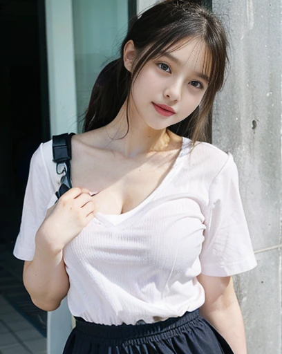 Large Breasts、Facing forward、The shape of the breasts is clearly visible、girl、A short mini skirt that shows off your thighs、cute、、In uniform、Big Breasts、Wet、ponytail、Get closer to my chest、The skirt is short。Pale skin、Girl、Clothes are see-through、Take off your shirt、Roll up your clothes、Open the shirt