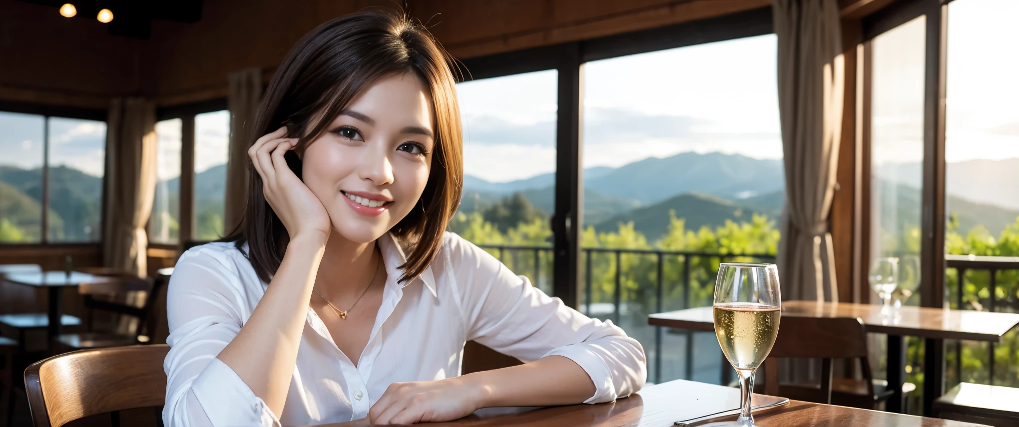 ((highest quality、8k、masterpiece:1.3))、1 male、1 female、Couple、spouse、Couple、Slim body、((Bob Hale、Straight hair:1.2)), (Realistic, Intricate details:1.2), Wine glass on the table、Shine light on your face、 Amazing view of the sunset sky and clouds、Amazing mountain views、A bright smile、The wonderfulness of smile、Bright image、The beauty of wine, Beautiful Face, blue eyes, The light shines on your face, Blushing, short hair,Bright Face、 (Age 37), 39 years old, red wine 、Appetizers、Italian food、Wine bottle、Champagne、sparkling wine、Two beauties、Brown Hair、Shortcuts、Long sleeve shirt、dress、Pretty Woman 1, (Slim face), (The body is slim), (Brown Hair), (Shortcuts), cheeks turn a little red,Attractive beauty、restaurant, In a prominent place (From the waist up) Nova Frog Style, actress, model, Upper Body, White wine, slim, wine glass, Wine glass placed in the center, smile, (smile: 1.15), Beautiful fine grain, Depth f/2,saturation, High Contrast, Strong light and shadow,Moist Body:1.5、3D texture、Delicate eyes、Brown Hair、The hair is very shiny、