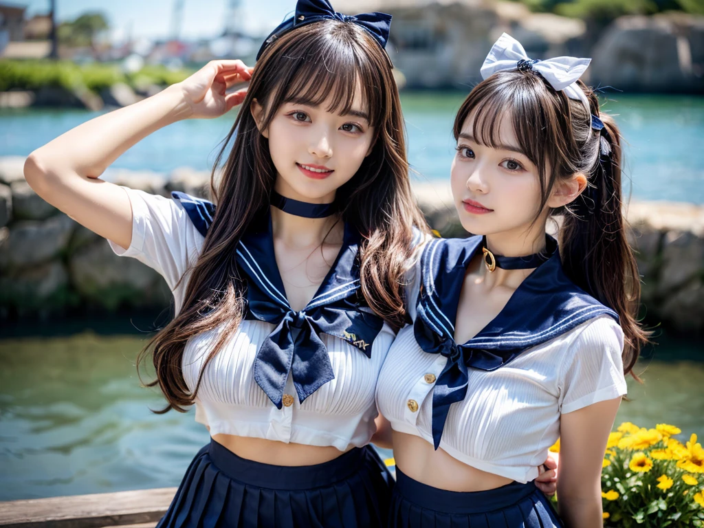 (((very heavy chest))),NSFW, 16k raw photos, highest quality, masterpiece, ultra high resolution, ((She is wearing Beautiful exposed redShe is wearing (a high school sailor uniform).
(navy sailor collar:1.4),(white shirt:1.4),(navy pleats skirt:1.4),(navy bow:1.4))).movie, ((2 girls, , 2 schoolgirls)),((attractive expression)),eyes shine、 looking at the viewer, natural skin texture very heavy chest))),((( metal black ribbon around the neck))).star handle mold、((yellow eyes)),Realistic eye and face details, lip whole, lipstick makeup), fluffy ponytail hair, laughter, Beautiful feet, tall woman, ((glowing skin)),((Beautiful armpit)), slim_feet, huge breasts, cleavage, beautiful natural places, beautiful flower garden、(detailed background,highly exposed, huge breasts, blurred background,, JK ribbon on the neck, jk ribbon, golden hair, bracelet, water, bangs, split your lips、armpit、beautiful hip line、glowing skin、(((eyes shine brightly))),lotion skin、High leg、((black hair)),highly exposed、Skimpy pink luxury fur coat、beautiful sea background、wind effect、