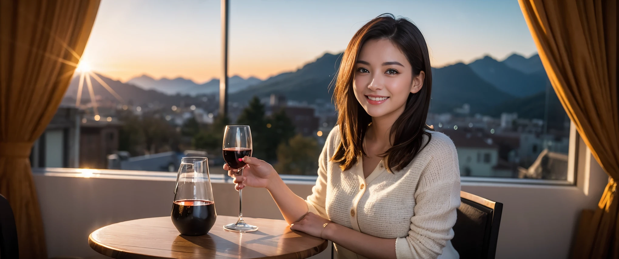((highest quality、8k、masterpiece:1.3))、Sharp focus:1.2、Beautiful woman perfect body:1.4、slimなボディ、((Bob Hale、Straight hair:1.2))、(to be born, highest quality, masterpiece:1.5), (Realistic, Intricate details:1.2), Wine on the table、, Put the light on your face、Amazing view of the sunset sky and clouds、Amazing mountain views、ニコニコ明るいsmile、smileの素敵な女性、Bright image、 The beauty of wine, Beautiful Face, blue eyes, The light shines on your face, Blushing, short hair,Bright Face、Fox face、 (42 years old), 39 years old, Lady、red wine 、Appetizers、Italian food、Wine bottle、Champagne、sparkling wine、Two beauties、Brown Hair、Shortcuts、Long sleeve shirt、dress、Pretty Woman 1, (slimな顔), (The body is slim), (Brown Hair), (Shortcuts), cheeks turn a little red,Attractive beauty、, Out of the window, A beautiful and detailed night view unfolds.........., restaurant, In a prominent place (From the waist up) Nova Frog Style, actress, model, Upper Body, White wine, slim, wine glass, 真ん中に置かれたwine glass, smile, (smile: 1.15), Beautiful fine grain, Depth f/2,saturation, High Contrast, Strong light and shadow,Moist Body:1.5、3D texture、Delicate eyes、Brown Hair、The hair is very shiny、
