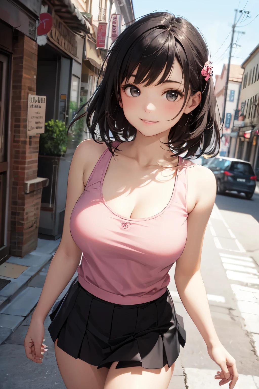 very cute and beautiful girl,(highly detailed beautiful face),(pink tank top with many letters on chest),
walking,town street,frilled white mini skirt,(smile),happy,black hair,mid shot,detailed legs,
(best quality,masterpiece),absurdres,highres,ultra-detailed,extremely detailed,32k,8k resolution,
intricate details,cinematic scene,detailed background,solo,dynamic angle,(realistic),perfect hands,