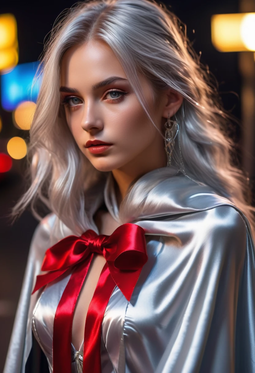 (RAW Photo) , (highly detailed:1.20) , ultra realistic :1.10) ,sexy girl in her 20s , (perfect face:1.20) , (detailed red pupils :1.20) , with long silver hair in ponytail , (((long silver satin cape tied at the neck with a ribbon :1.20))) , naked , full body, walking down street at night , high-quality ultra realistic style, detailed eyes, professional, expressive , 8K , highly detailed , professional,