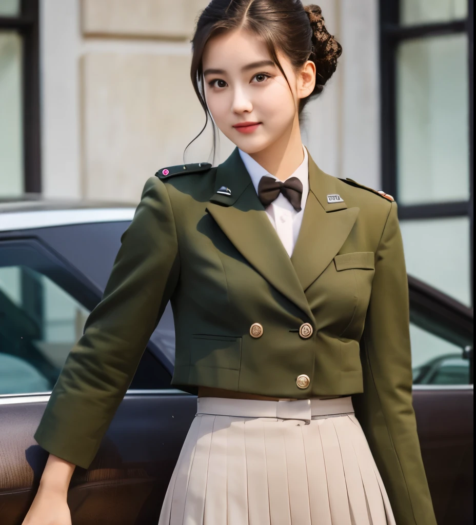 19 years Old woman, With military suit And Skirt, beauty face, thin, Updo hair style, medium breast, Riding Car