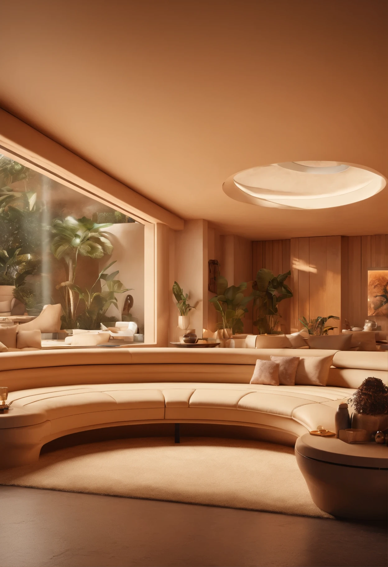 sxnfv style, Sunken living room conversation pit 70s, retro futuristic interior design, Fictional 3D Fantasy 8k Blender Architectural Rendering, Neutral beige color scheme