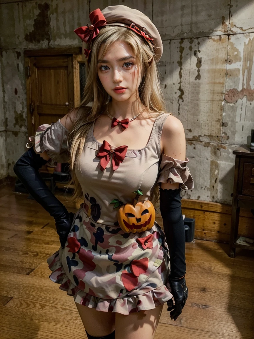 (1 lady), The beautiful, (Best quality at best:1.4), (ultra - detailed), (extremely detailed CG unified 16k), gold blonde hair, very detailed, High-definition RAW color photo, professional photoshooting, amazing face and eyes, cosmetics, (amazingly beautiful girl), ((lambdadelta, tall woman, taller)), ((dress, red bow, pink camo hat, necklace, gloves, pearl, pink dress, pumpkin brooch)), standing, realistic cinematic face, photo portrait, upper body (shoulders to head), photorealistic, ((realistic natural blonde hair style, red eyes)), gorgeous, extremely beautiful face, perfect model beauty, pout mouth, flirting smile, cleavages, city girl, western, (masterpiece), best quality, high resolution, extremely detailed, blurred background, depth of field, cinematic lighting, clear and well-cared skin